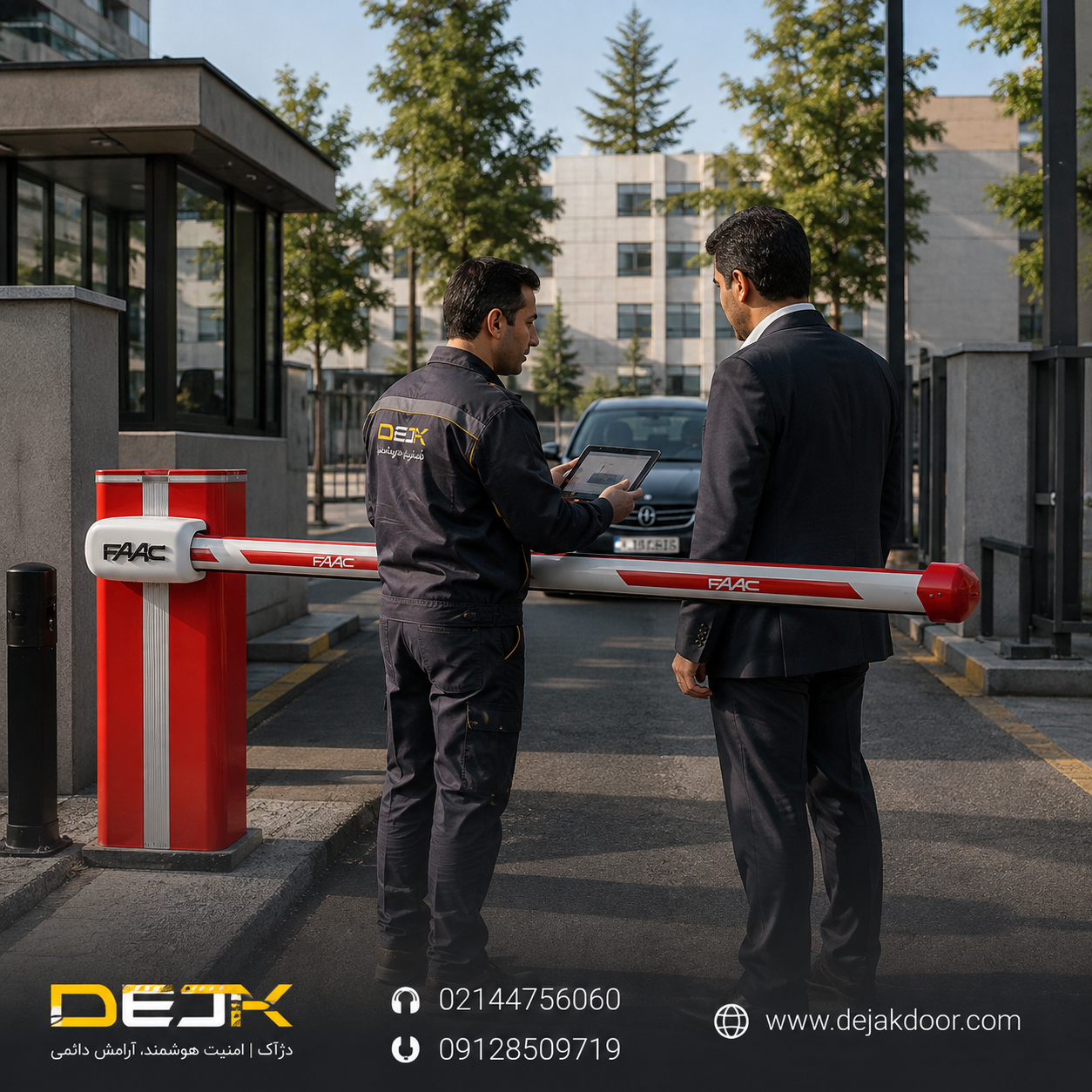 کارشناس دژآک در حال ارائه مشاوره تخصصی برای انتخاب و استعلام قیمت راهبند فک FAAC در ورودی یک مجموعه تجاری