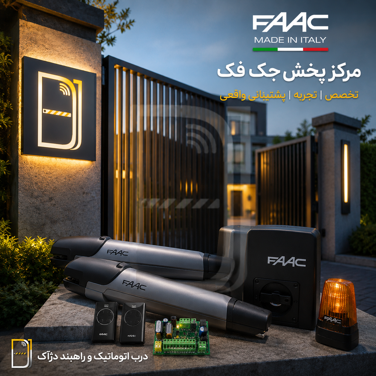 مرکز پخش جک فک FAAC با نمایش جک پارکینگی، مدار فرمان، ریموت و لوگوی دژآک در ورودی یک ساختمان مدرن