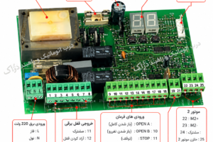 اینفوگرافیک معرفی برد کنترل FAAC 455D همراه با معرفی اجزای اصلی، ترمینال ها، نمایشگر، کلیدهای برنامه ریزی و تجهیزات متصل به برد